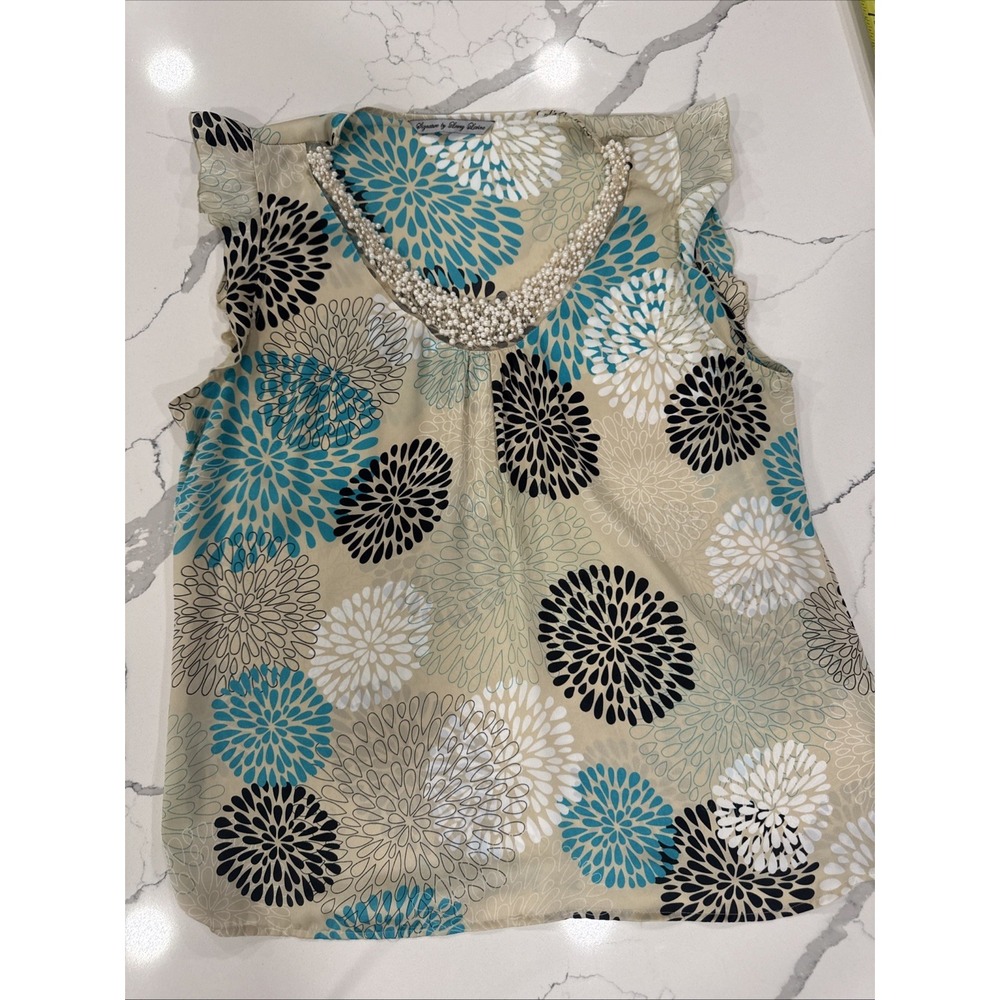 Signature by Larry Levine Floral Sleeveless Blouse Pearl Neckline Teal Tan XL